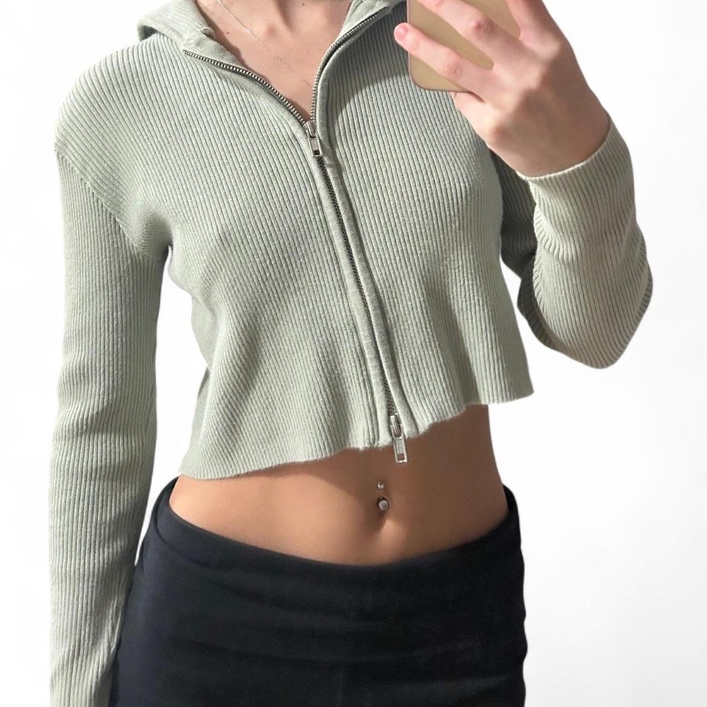 Sage Green Ribbed Zip-Up Hoodie